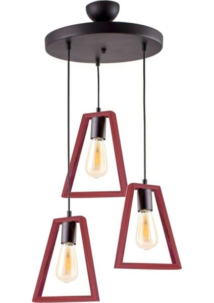 Kırmızı Boyalı Ahşap 3'lü Avize, Şık ve Modern Tasarım