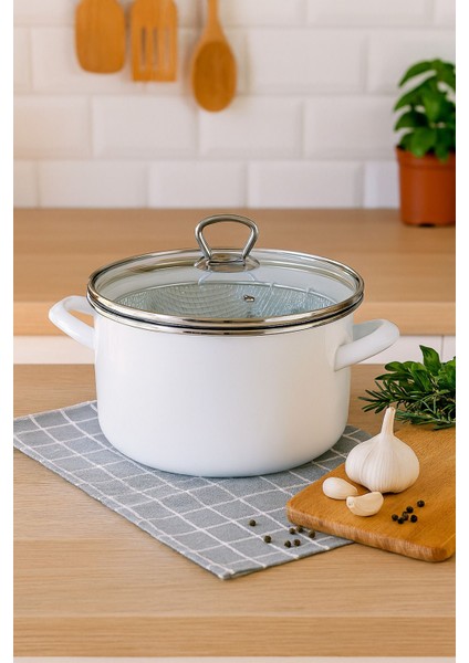 Cam Kapaklı Emaye Tencere ve Fritöz, 22 Cm, 3,5 Litre, Bej