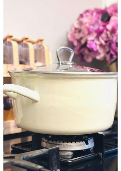 Cam Kapaklı Emaye Tencere ve Fritöz, 22 Cm, 3,5 Litre, Bej modelleri