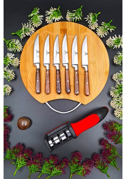 Renkli 8'li Mutfak Bıçak Seti, Sunum Tahtası ve Bileme Aleti