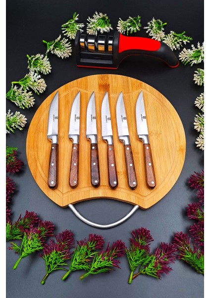 Renkli 8'li Mutfak Bıçak Seti, Sunum Tahtası ve Bileme Aleti