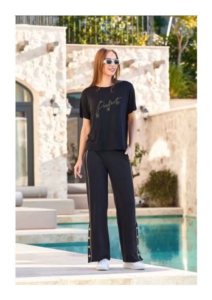 Aqua 25714 Kadın Taş Baskılı Paça Çıtçıt Detay 2'li Takım