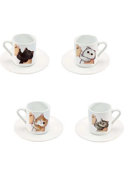 Kedi Desenli Türk Kahve Fincan Seti 8 Parça, Beyaz Şık Tasarım