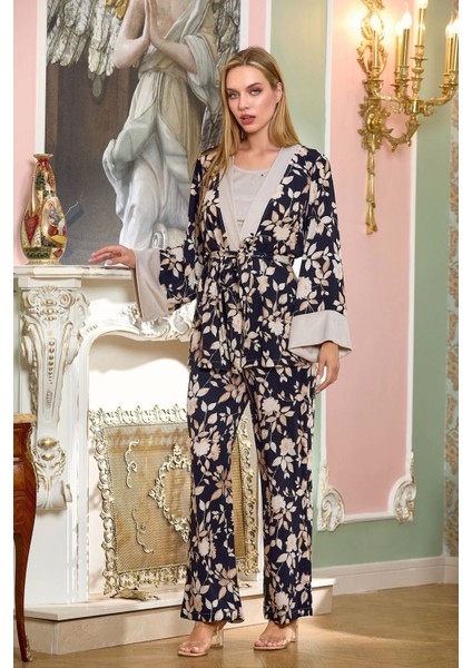 Aqua 25197 Saten Desenli Sabahlıklı 3'lü Pijama Takımı