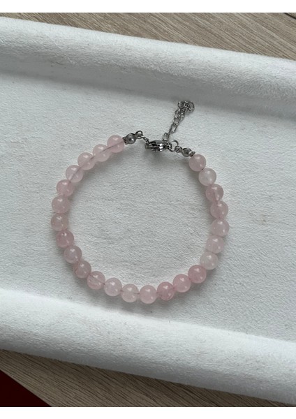 Pembe Kuvars Taşı Çelik Bileklik El Yapımı