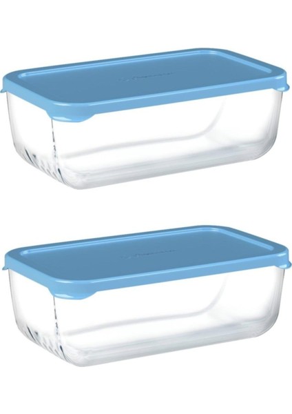 Şeffaf Cam Saklama Kabı Seti 2'li, 1200CC, Mavi Kapak, Şık ve Kullanışlı.