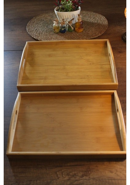 Iki Adet Bambu Dikdörtgen Kulplu Sunum Tepsi 40X30CM ve 37.5X26CM Kahverengi fiyatları