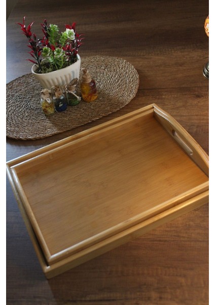 Iki Adet Bambu Dikdörtgen Kulplu Sunum Tepsi 40X30CM ve 37.5X26CM Kahverengi indirimleri