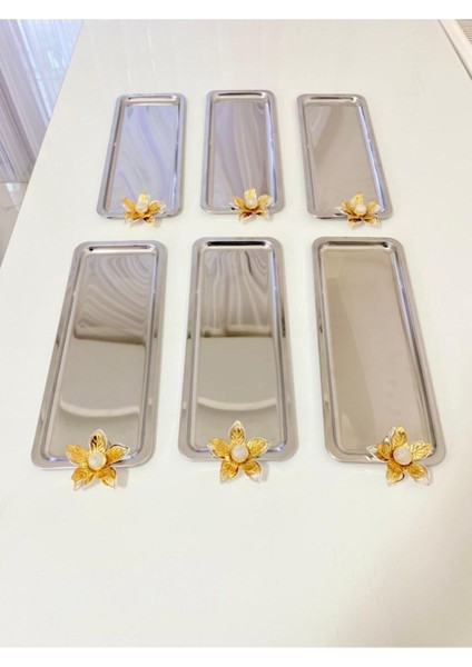 6'lı Zambak Çiçekli Lüx Paslanmaz Çelik Baton Servis ve Sunum Tepsisi