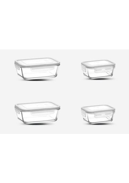Dikdörtgen Cam Saklama Kabı Seti 4'lü, 800CC ve 400CC, Beyaz, Güvenli ve Şık Tasarım