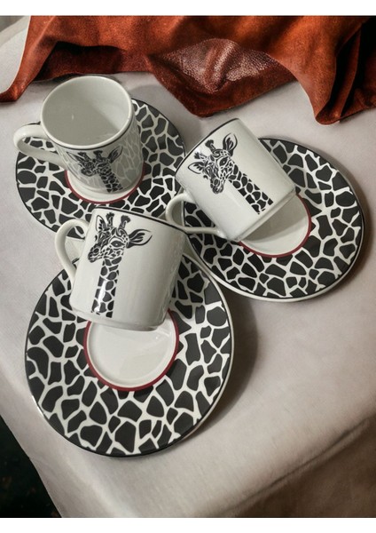 Şık Siyah Beyaz Zürafa Motifli 3 Kişilik Kahve Fincan Takımı