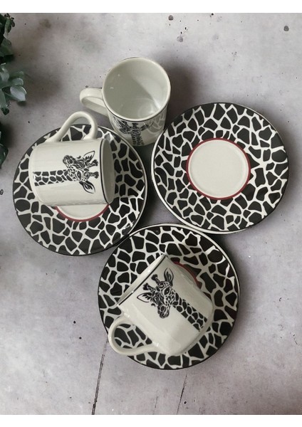 Şık Siyah Beyaz Zürafa Motifli 3 Kişilik Kahve Fincan Takımı modelleri