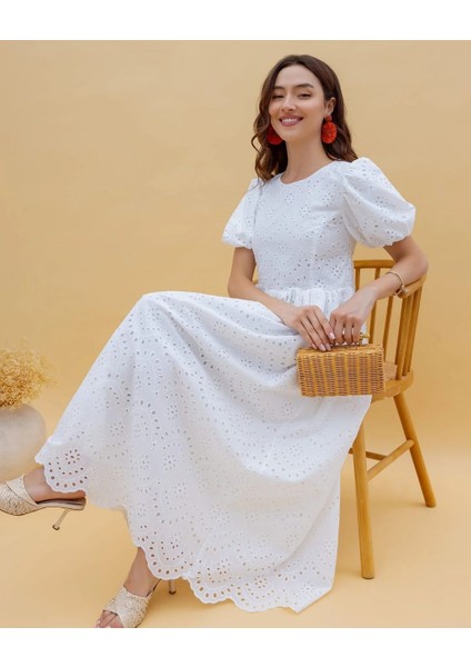 Ithal Özel Tasarım Balon Kollu, Açık Sırt Bağlamalı Elbise Astarlı