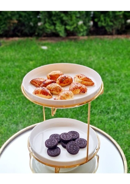 Iki Katlı Porselen Sunumluk, Zarif Gold Detaylı, Şık ve Kullanışlı Tabağlı Sunum Seti