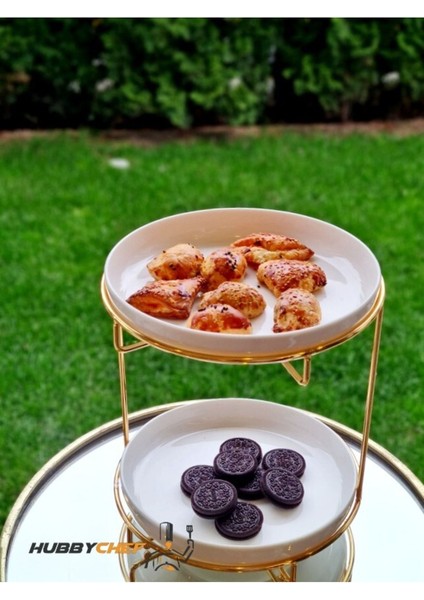 Iki Katlı Porselen Sunumluk, Zarif Gold Detaylı, Şık ve Kullanışlı Tabağlı Sunum Seti fiyatları