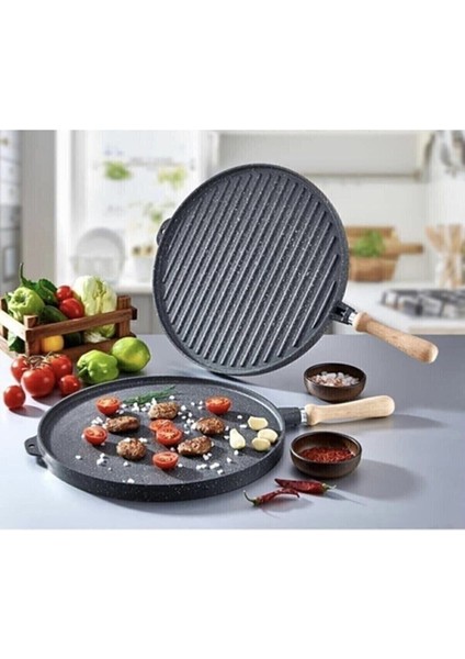 Granit Döküm Çift Taraflı Gözleme ve Et Tavası 36 Cm, Dayanıklı ve Kullanışlı