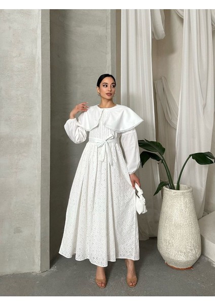 Astarlı Pamuk Fisto Kemer ve Yaka Detaylı Elbise -Tesettür