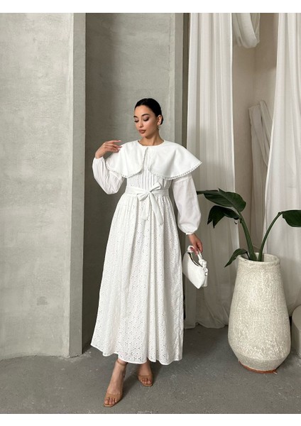 Astarlı Pamuk Fisto Kemer ve Yaka Detaylı Elbise -Tesettür modelleri