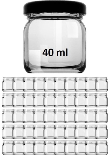 50 Adet 40CC Şeffaf Mini Kavanoz, Metal Siyah Kapaklı, Turuncu Renkli Set