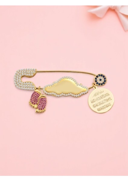 Kız Bebek Iğnesi 925 Ayar Gümüş Ayetel Kürsi Dualı Bulut Motifli Isimli Yaka Iğnesi, Maşallah Bebek Iğnesi Altın Kaplama