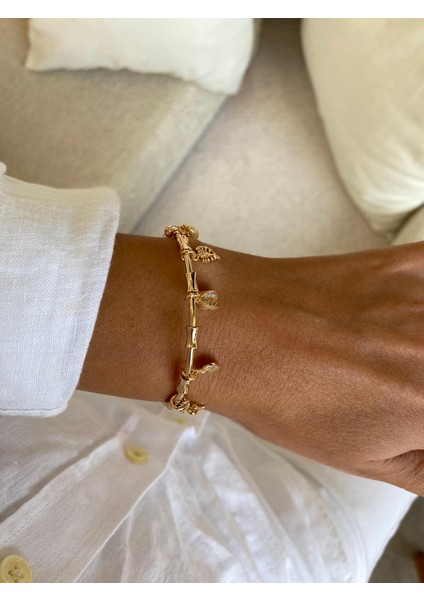 Pndr Model Ananas ve Yaprak Charm Ayarlamalı Rose Bileklik
