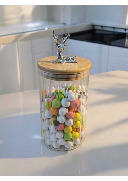 9X15 cm 2'li Geyikli Cam Saklama Kavanozları, Hava Geçirmez, Gümüş Renk