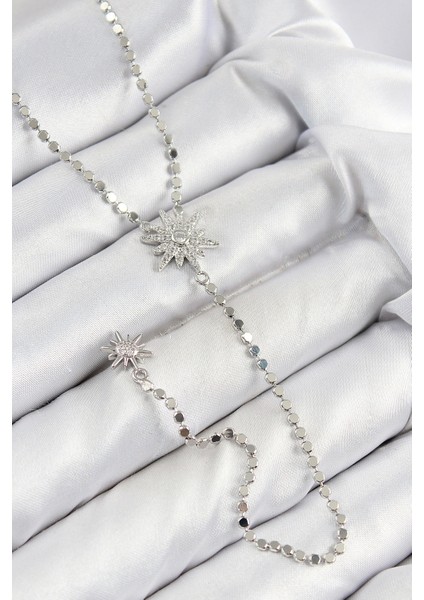 Pirinç Zirkon Taşlı Ezme Zincirli Kutup Yıldızı Model Gümüş Renk Y Kolye