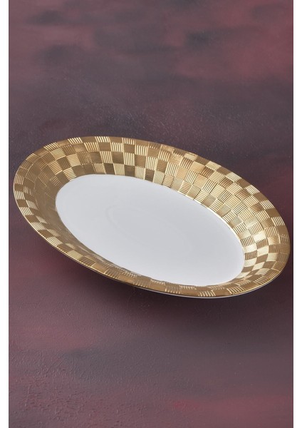 Beyaz Oval Altın Detaylı Büyük Tabak, 37 Cm, Şık ve Zarif Tasarım