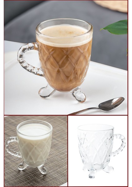 Turuncu Ayaklı Boncuk Desenli 4'lü Cam Bardak 200CC, Kulplu Çay ve Kahve Bardağı