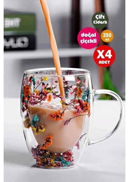 4'lü Çift Cidarlı Çiçekli Cam Bardak Seti 350ML, El Yapımı, Kulplu, Renkli