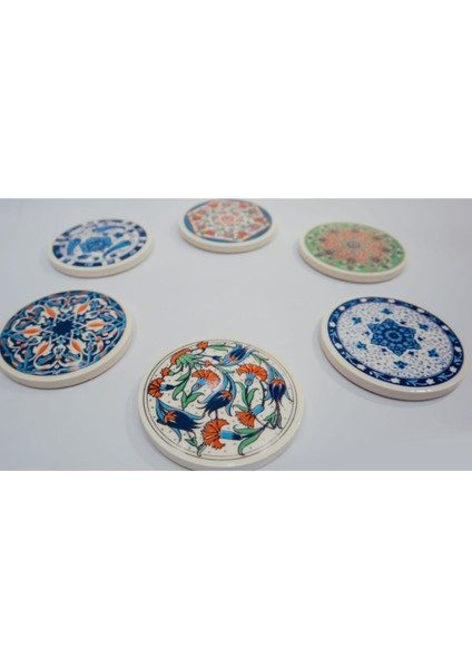Turuncu Seramik Çini Desenli Bardak Altlığı 6'lı 10 cm Yuvarlak Set