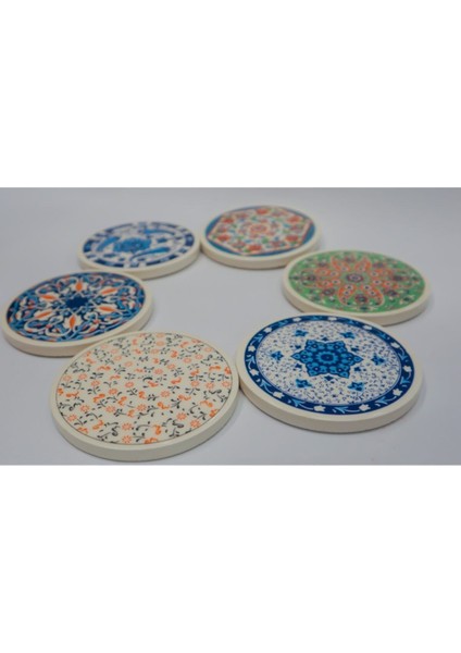Turuncu Seramik Çini Desenli Bardak Altlığı 6'lı 10 cm Yuvarlak Set modelleri