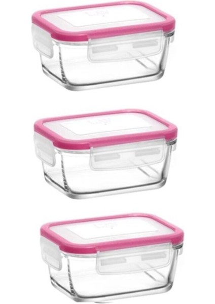 Pembe Kapaklı Cam Saklama Kabı Seti, 3'lü, 400 Cc, Şık ve Dayanıklı Tasarım