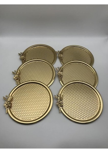 Altın Kaplama 6'lı Yuvarlak Çiçekli Sunum Tepsisi, 23 Cm, Dekoratif ve Şık Tasarım