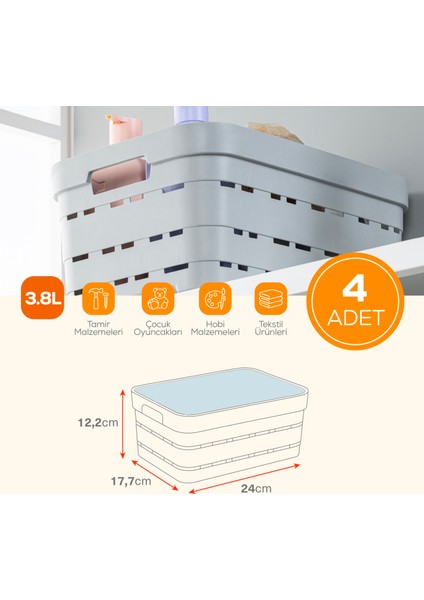 4'lü Kapaklı 3,8 Litre Delikli Saklama Kutusu Antrasit fiyatları