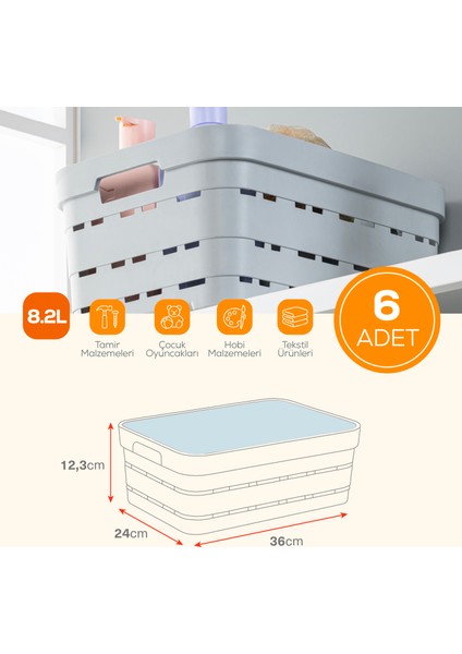 6'lı Kapaklı 8,2 Litre Delikli Saklama Kutusu Antrasit fiyatları