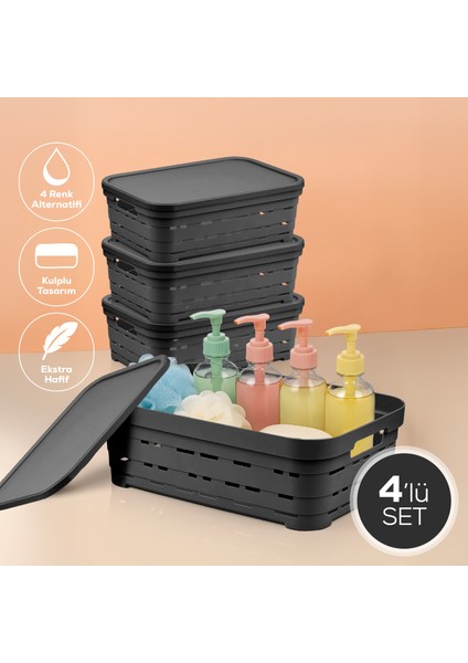 4'lü Kapaklı 8,2 Litre Delikli Saklama Kutusu Antrasit