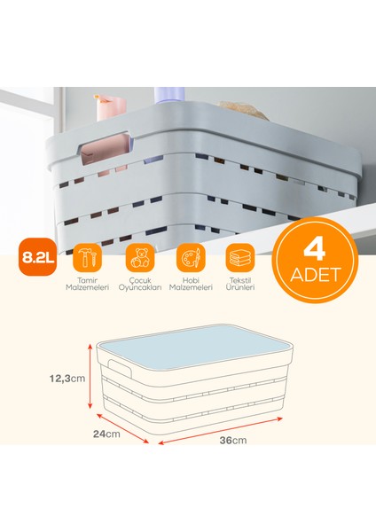 4'lü Kapaklı 8,2 Litre Delikli Saklama Kutusu Antrasit fiyatları