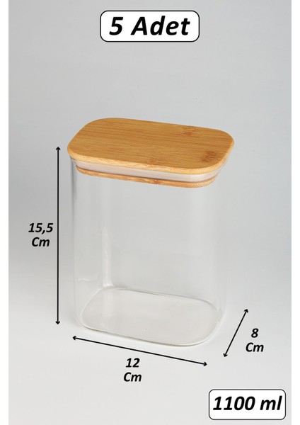 5 Adet Borosilikat Cam Bakliyat Kavanoz Vakumlu Doğal Bambu Kapak ( 1100 ml ) ve Etiket - B02