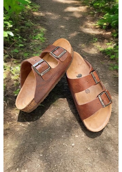 Anatomik Doğal Mantar Taban Unisex Hakiki Deri Çift Toka Terlik