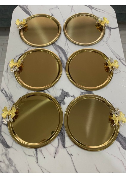 Altın Renkli 6'lı Kelebekli Yuvarlak Servis Tepsisi, Şık ve Kullanışlı 22 cm