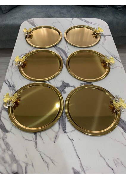 Altın Renkli 6'lı Kelebekli Yuvarlak Servis Tepsisi, Şık ve Kullanışlı 22 cm fiyatları