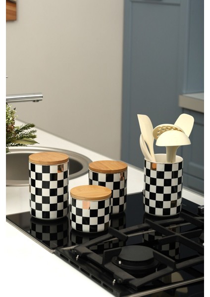 4'lü Seramik Set Dama Desenli Altın Yaldızlı Damalı Şekerlik Çay Kahve Saklama Kabı Baharatlık indirimleri