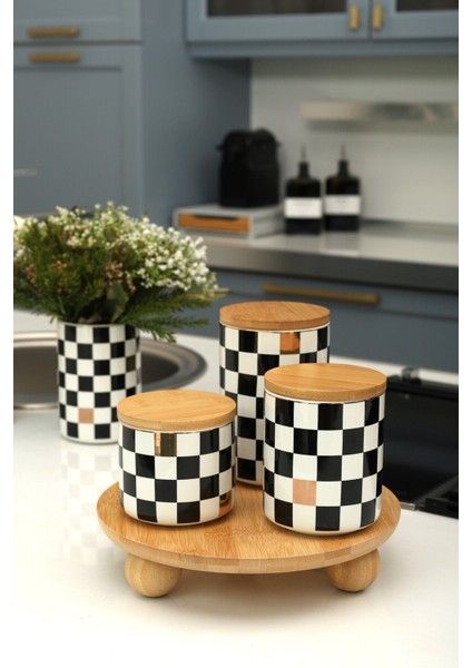 4'lü Seramik Set Dama Desenli Altın Yaldızlı Damalı Şekerlik Çay Kahve Saklama Kabı Baharatlık