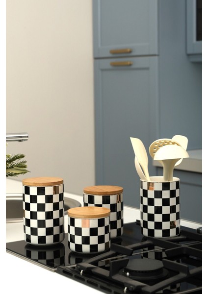 4'lü Seramik Set Dama Desenli Altın Yaldızlı Damalı Şekerlik Çay Kahve Saklama Kabı Baharatlık