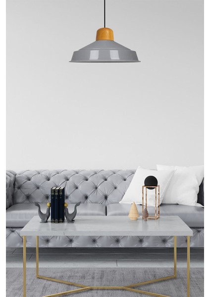 Gri Tekli Avize Ahşap Başlık Retro Sarkıt Lamba Restoran Salon Aydınlatma