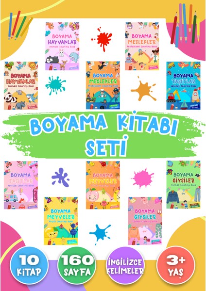 Çocuklar Için 10’lu Boyama Kitabı Seti - Ingilizce Kelimeler - 10 Kitap - 160 Sayfa fiyatları