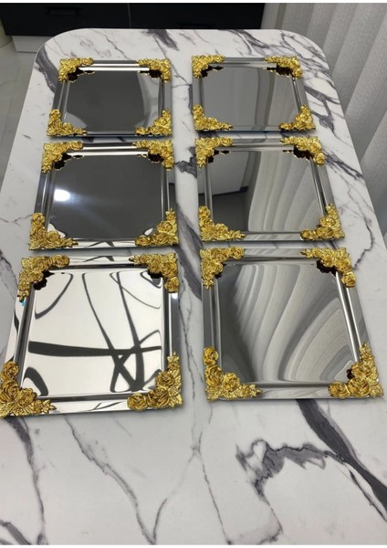 6'lı Çiçekli Gümüş Kare Kaplama Servis Tepsisi 21X21