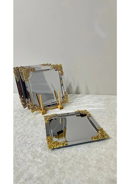 6'lı Çiçekli Gümüş Kare Kaplama Servis Tepsisi 21X21 modelleri