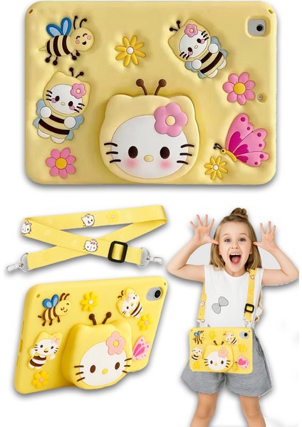 Samsung Galaxy Tab A9+ Plus 11 Inç Uyumlu Hello Kitty Sarı Çocuk Kılıfı Askılı Standlı Eğlenceli